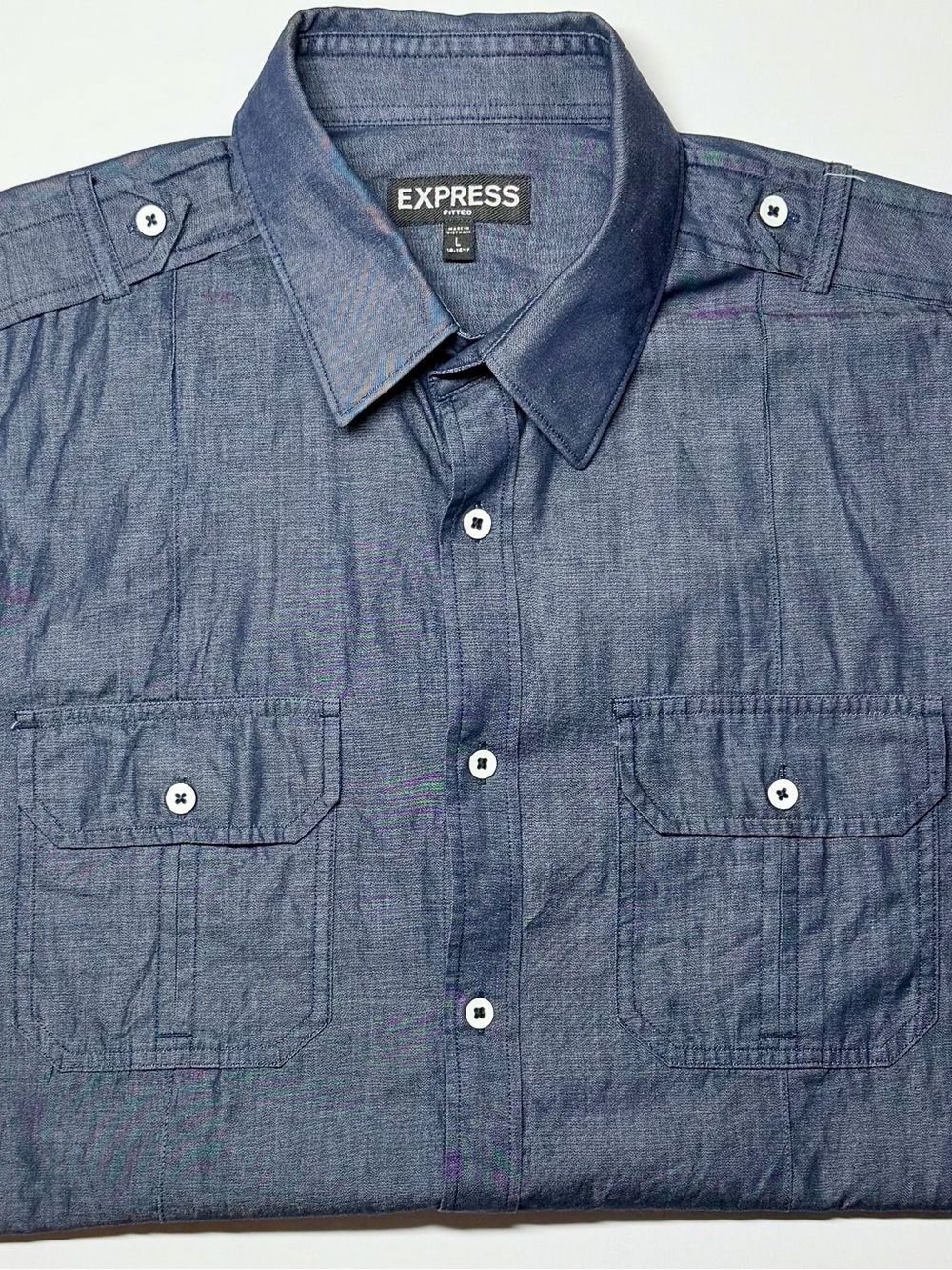 Express Blue Chambray Short Sleeve Military Epaulet Shirt Men’s Large